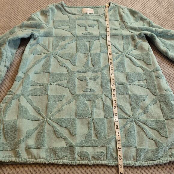 Lucy Folk Sol Belted Cotton Terry Mini Dress Size Large Blue Shapes Faces Pocket - Picture 5 of 9